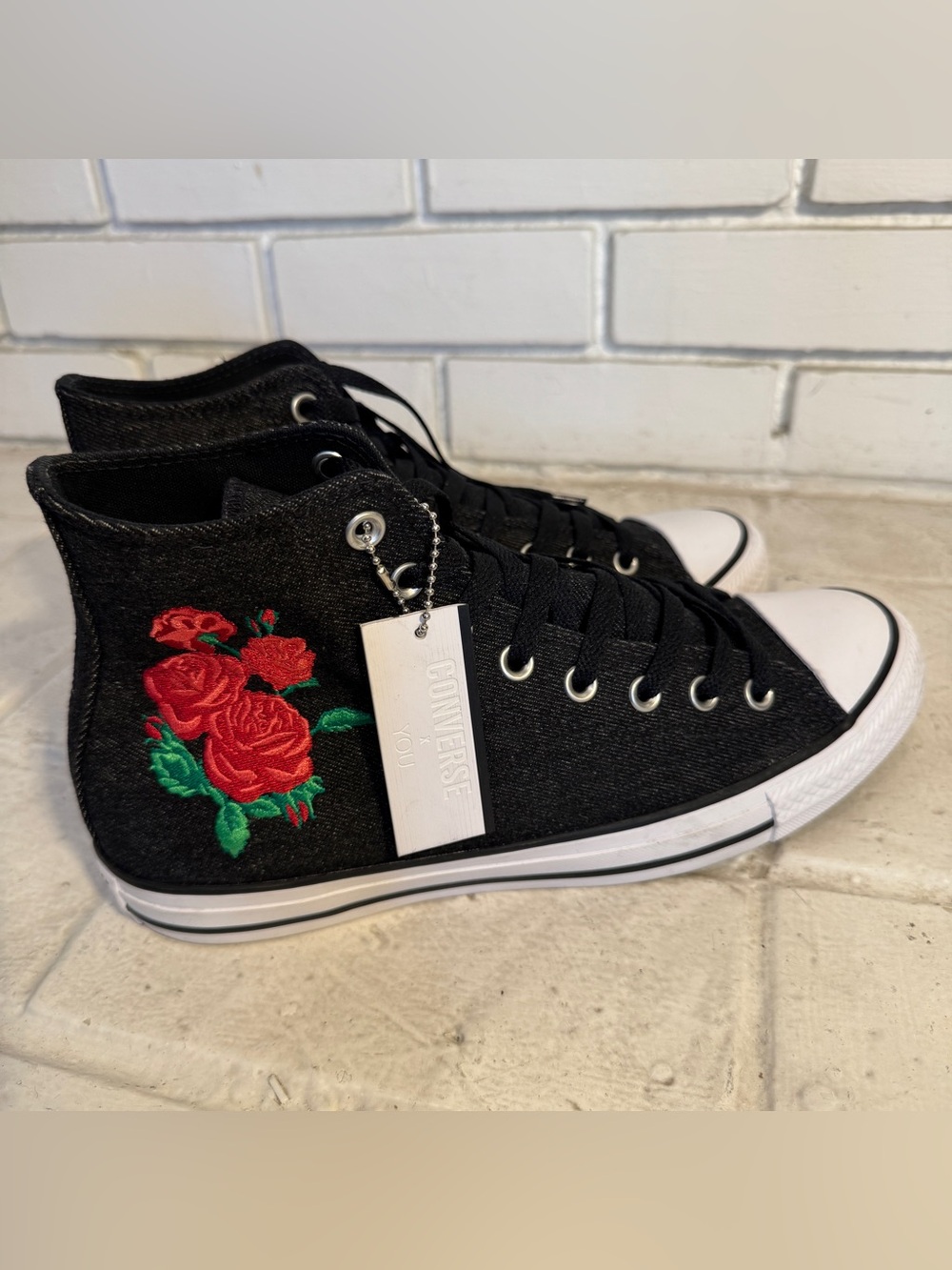 NWT Converse Custom Chuck Taylor All Star Hi Rose Embroidered Black Denim